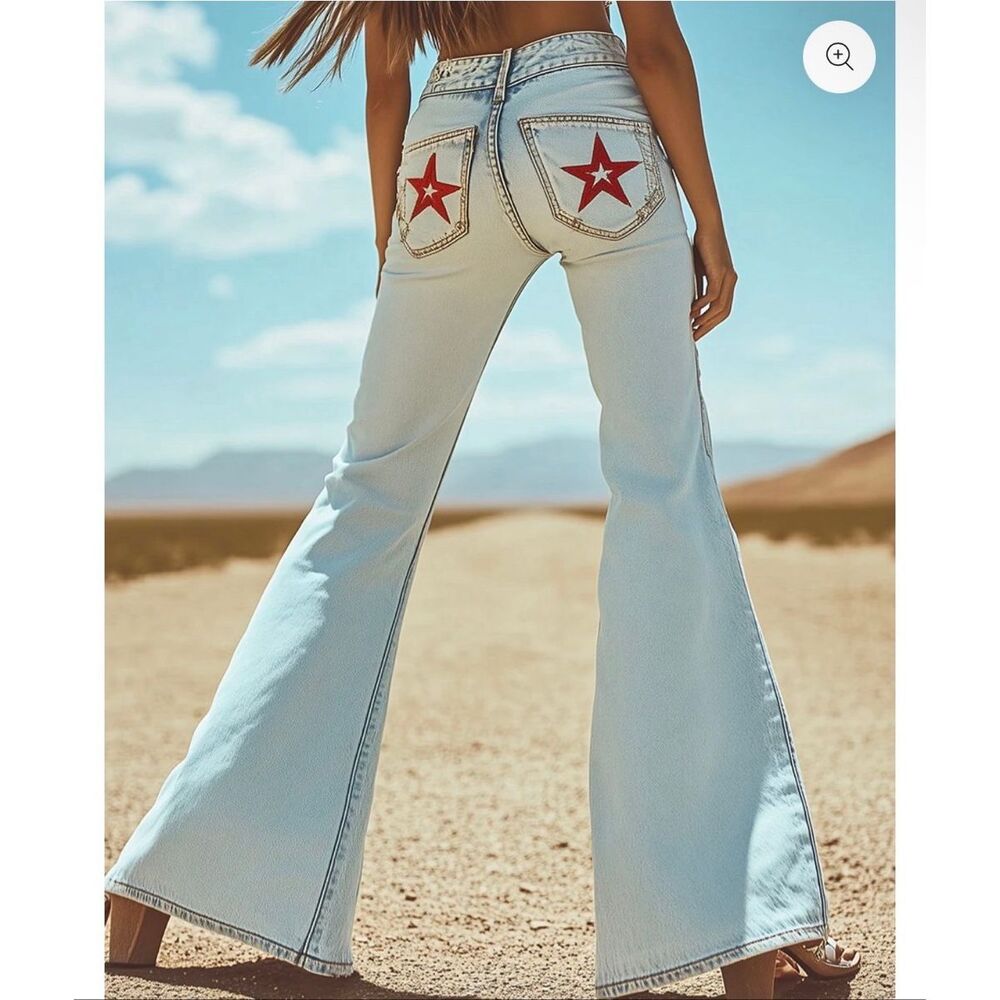NWT OYROSY Jeans Embroidered Star Small Light Blue High Waist Flare Wide Leg S